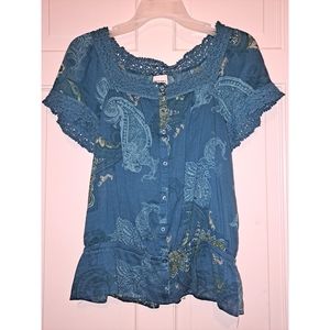 Sonoma blue green short sleeve blouse button up lace paisley size medium